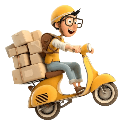 Mensajero sonriente en scooter amarillo con paquetes apilados